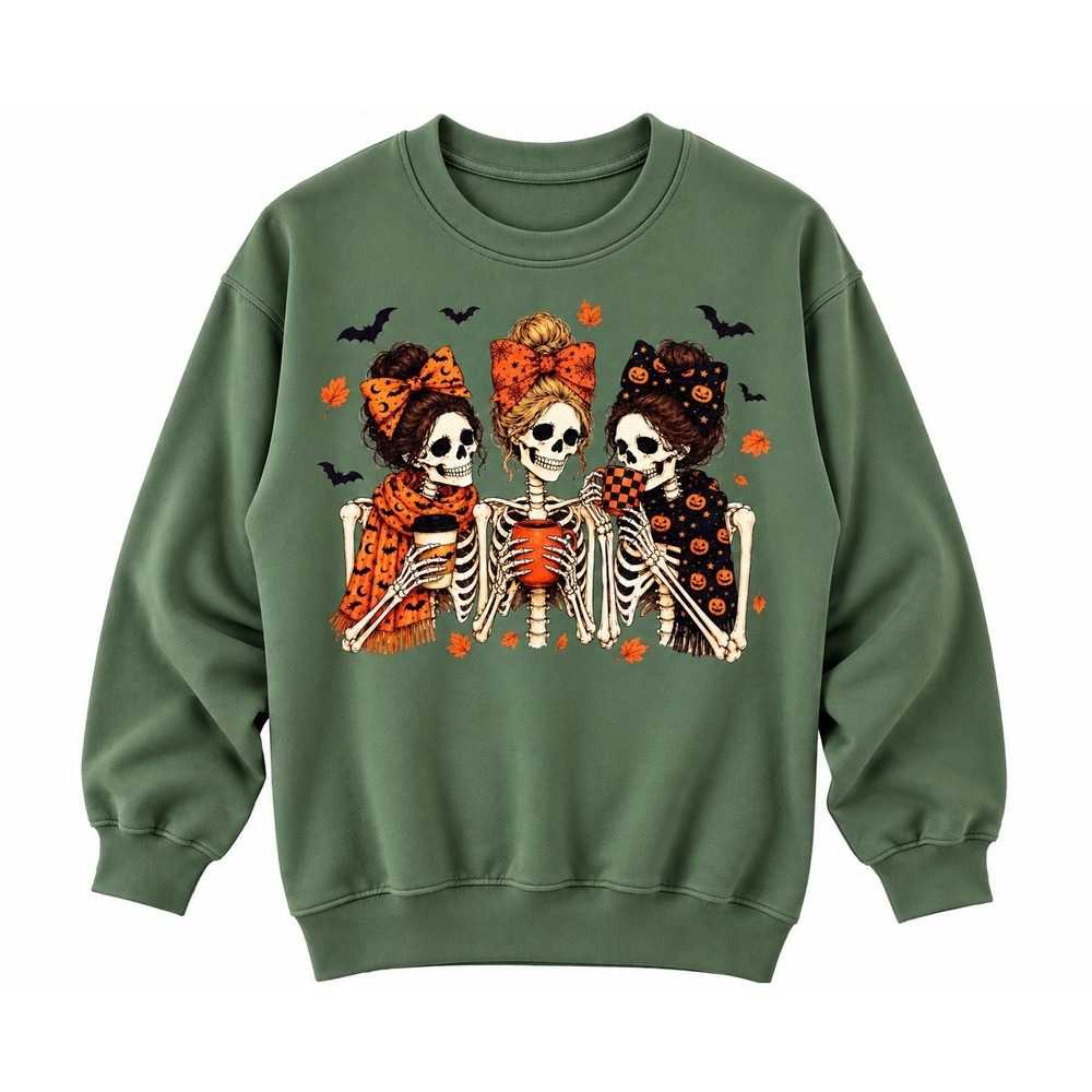 Halloween Skeleton Coffee Crewneck Sweatshirt Olive Green Fall Graphic Pullover